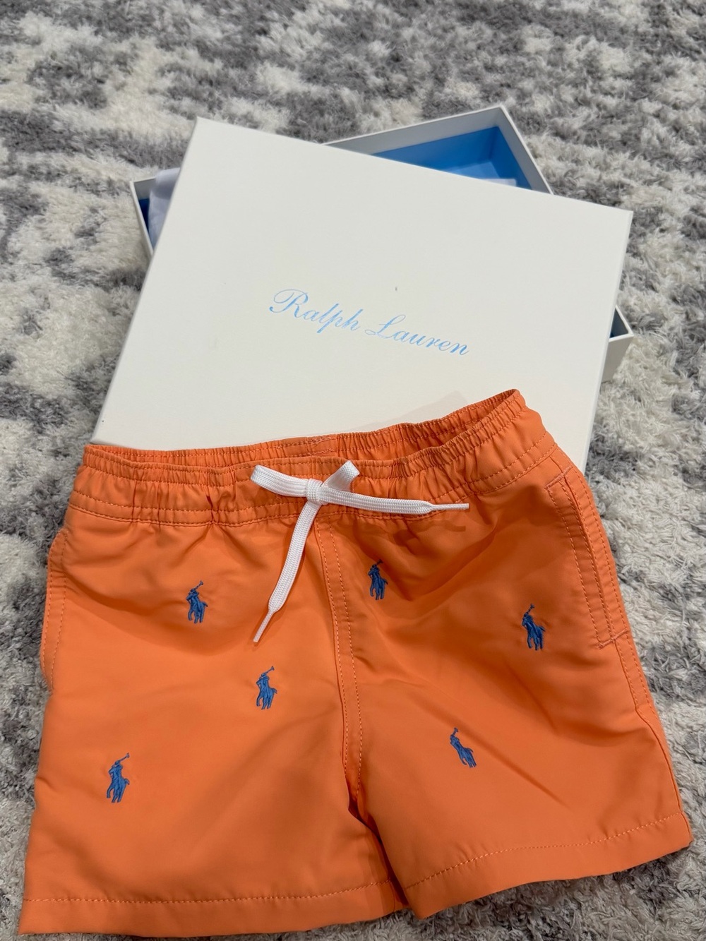 Ralph Lauren Orange Swim Shorts with Blue Polo Embroidery
